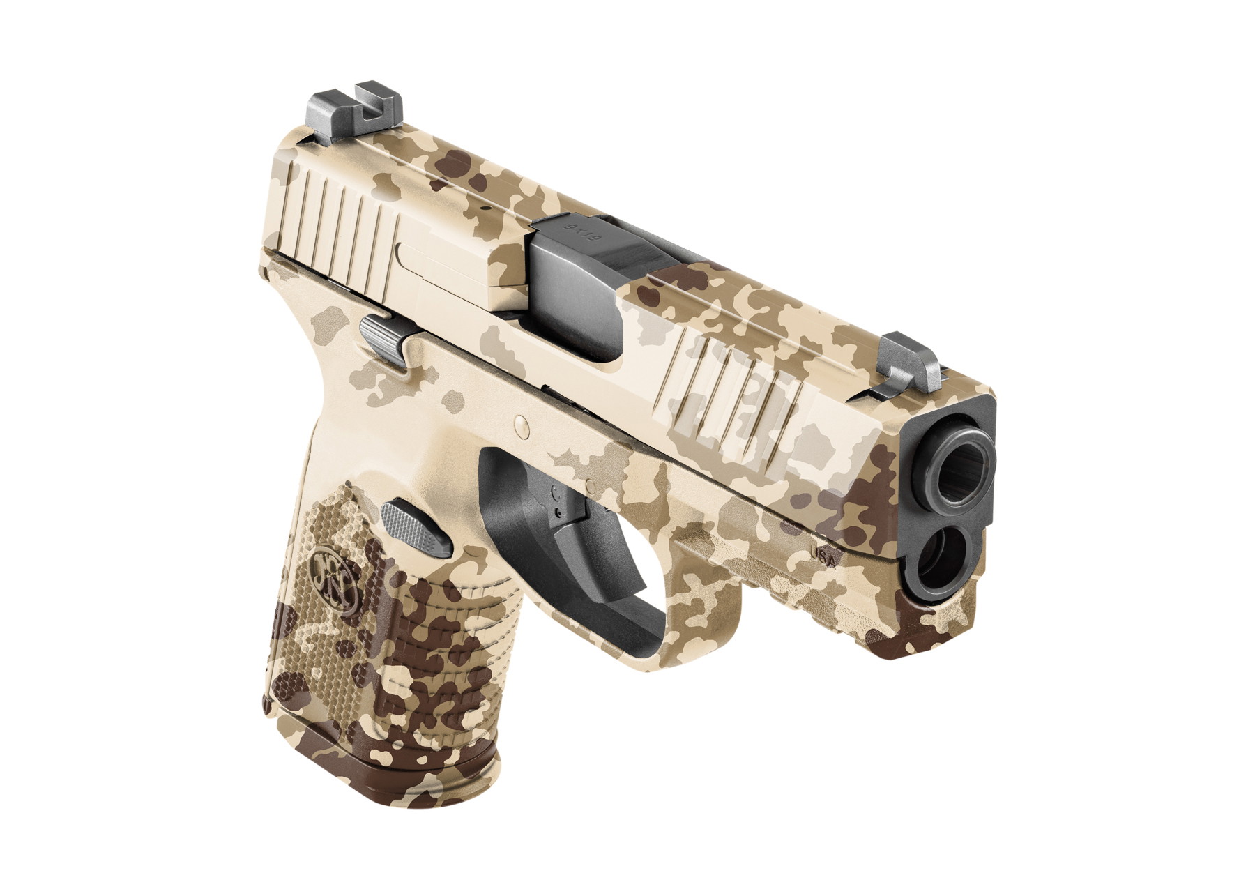 Tarnmuster-Pistole mit sandfarbenem und braunem Camouflage-Design, ideal für Airsoft.