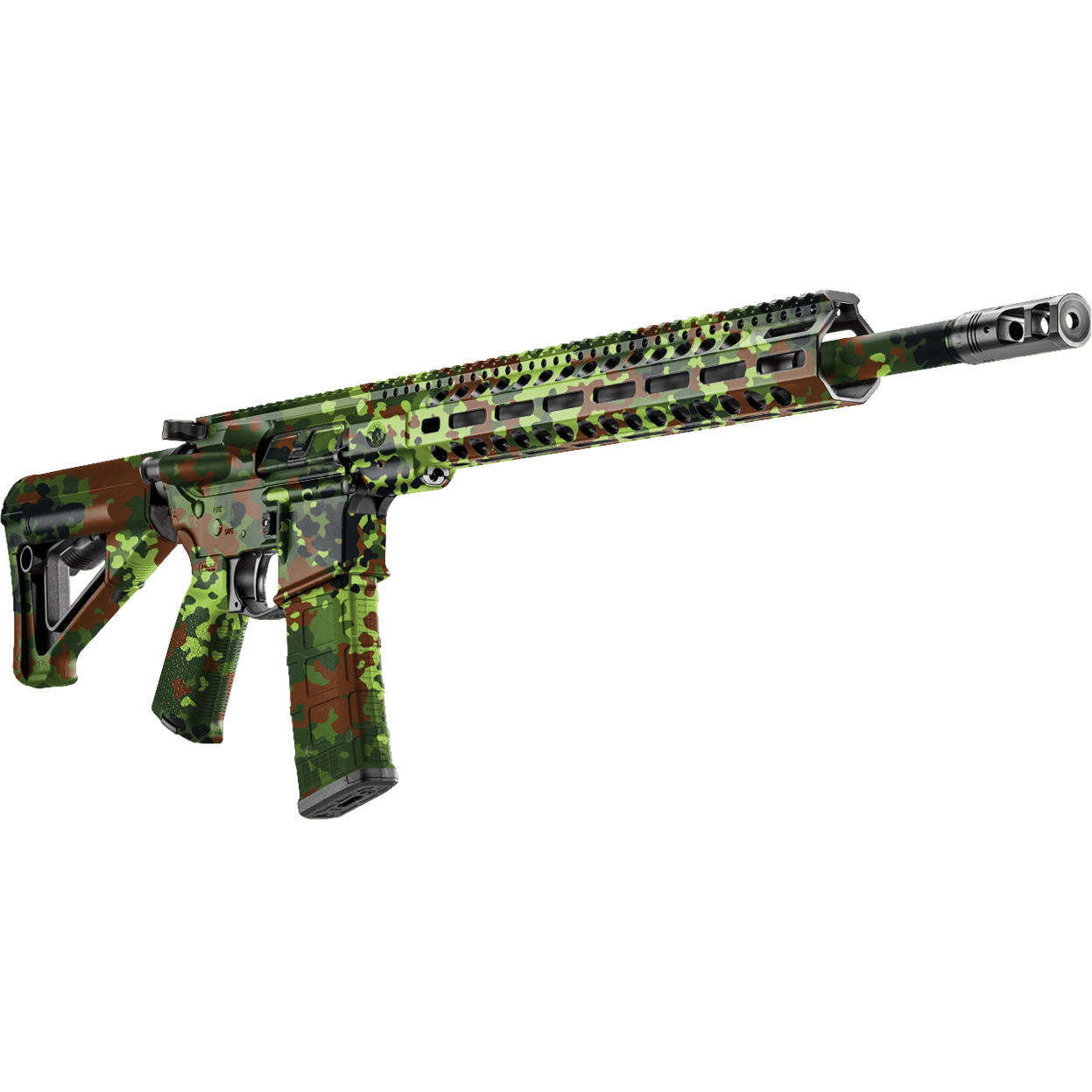 GunsWrap AR15 / M4 Rifle Skins Airsoft-Gewehr im grünen Tarnmuster mit langem Lauf und M-LOK-Handschutz.