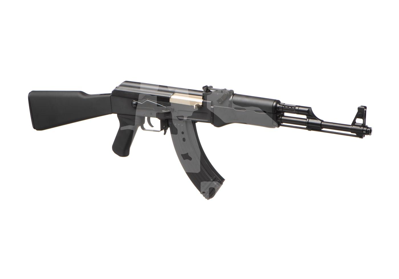 G&G CM47 ETU 0.5J - ab 16 Jahren Schwarzes Airsoft-Gewehr mit langem Lauf und klappbarer Schulterstütze, seitlich abgebildet.
