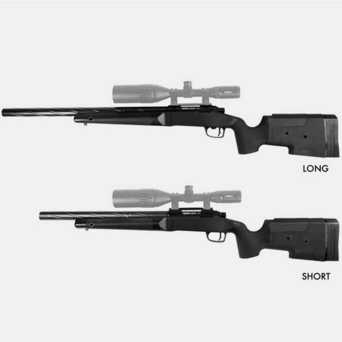 Zwei Airsoft-Präzisionsgewehre, oben lang, unten kurz, seitliche Ansicht.