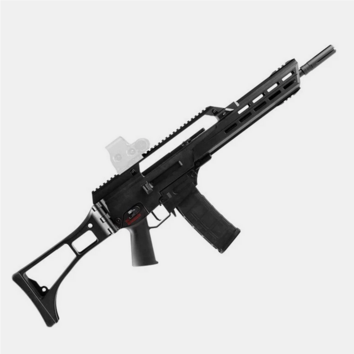 Schwarzes Airsoft-Sturmgewehr mit taktischem Schaft und M-Lok Handguard, seitliches Profil.