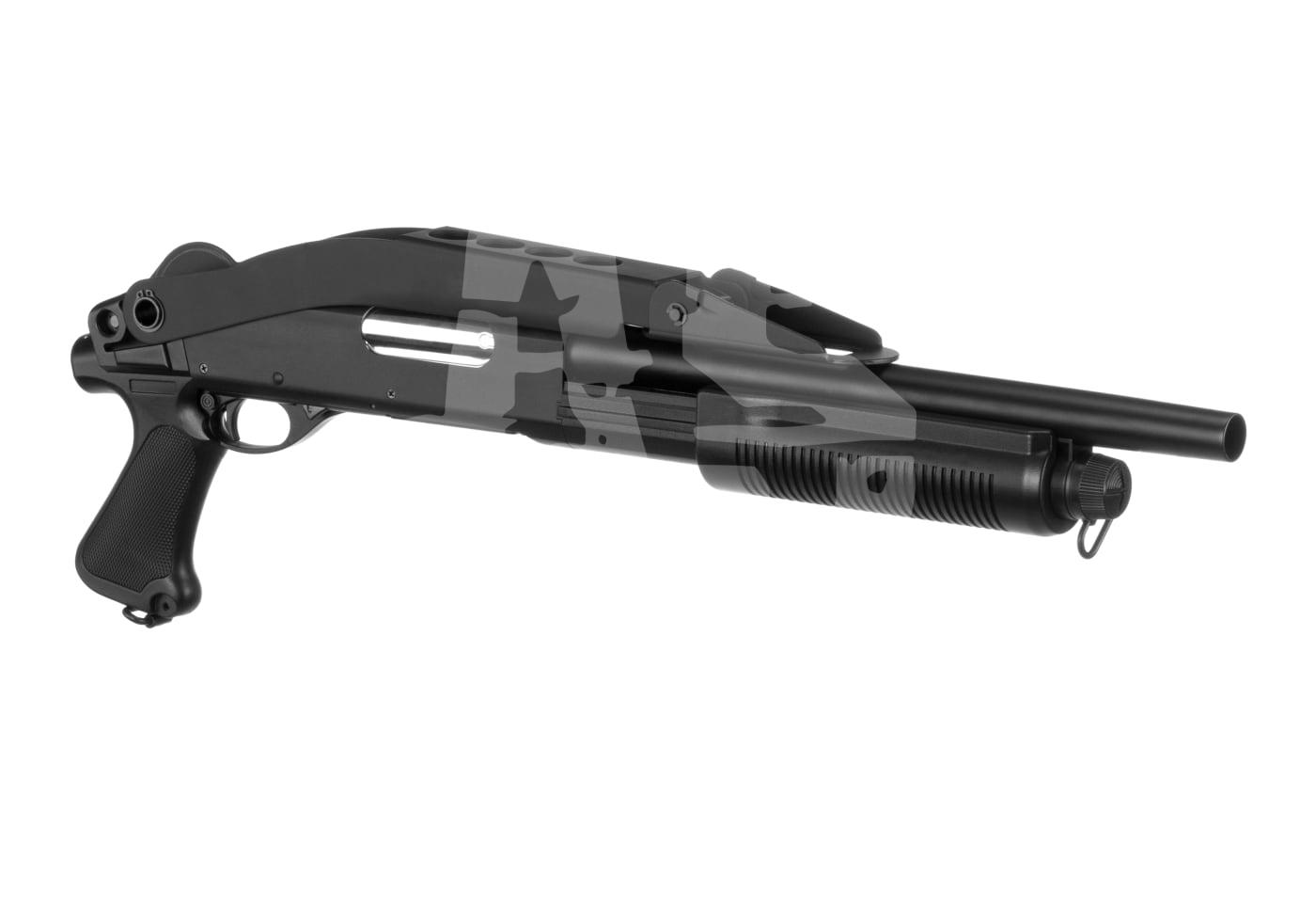 Cyma CM352 Shotgun - ab 18 Jahren Schwarze Airsoft-Schrotflinte mit Pistolengriff und kurzem Lauf, seitliches Profil.