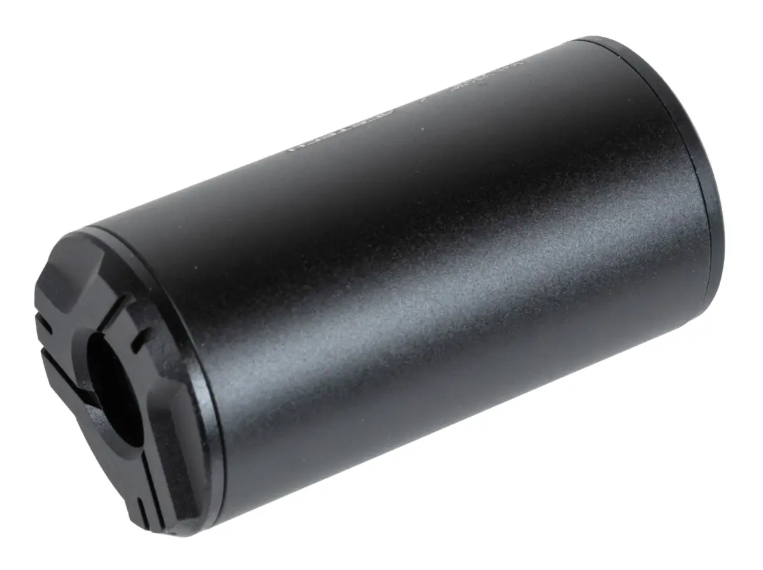 Schwarzer Airsoft Schalldämpfer, zylindrische Form, mattes Finish.