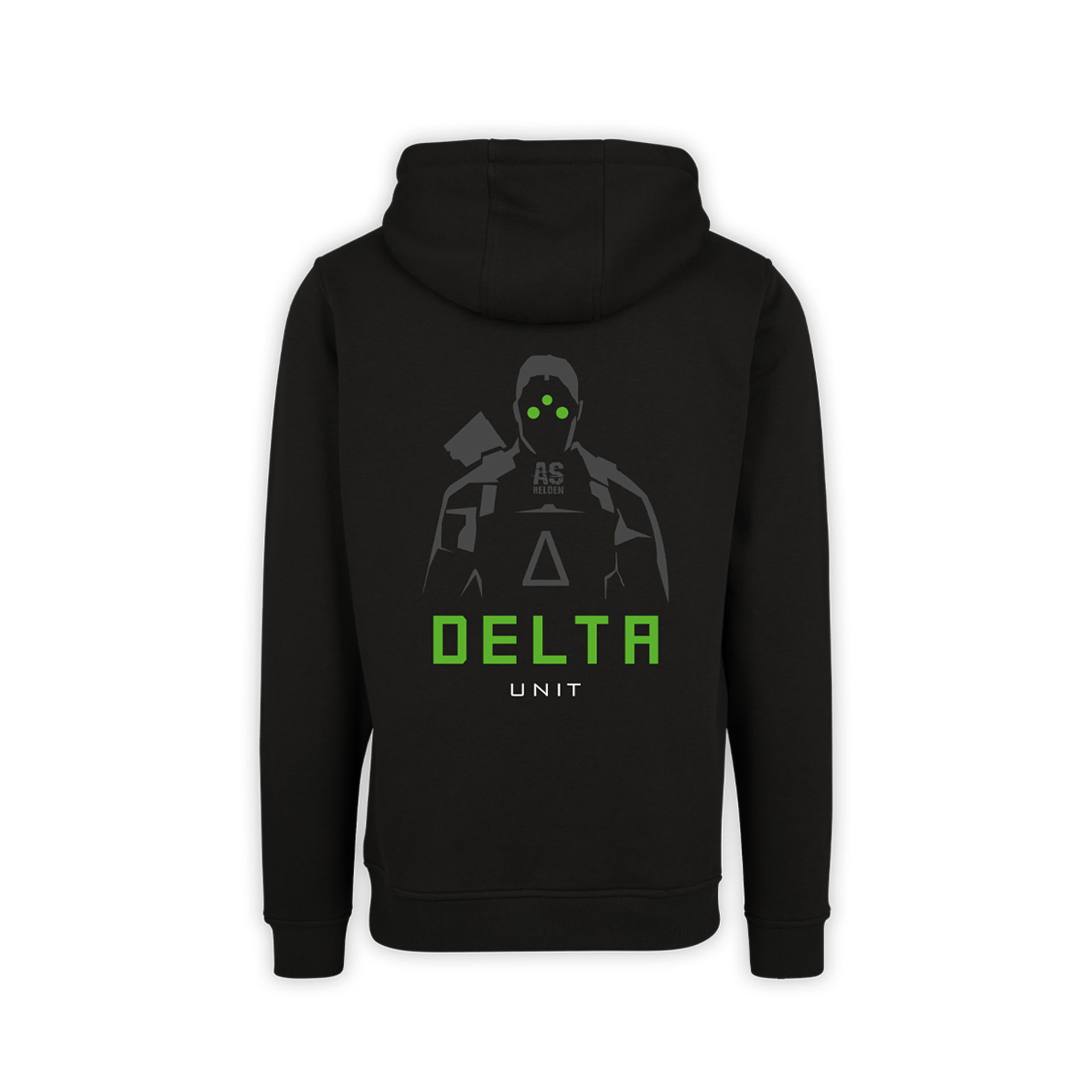 Schwarzer Hoodie mit "DELTA UNIT"-Design in Grün und einem stilisierten Soldatenmotiv auf der Rückseite.