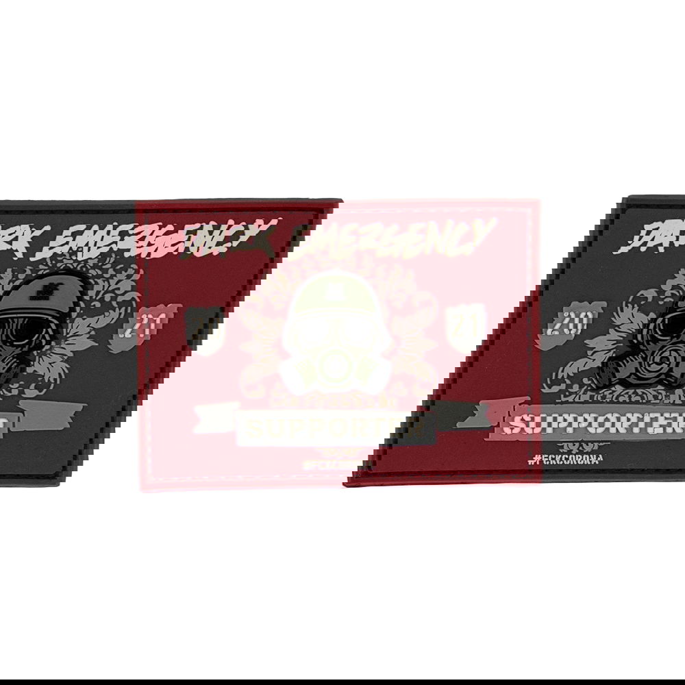 Rotes "Dark Emergency" Supporter-Patch mit Gasmaske und Helm-Design, Text "FCKCORONA".