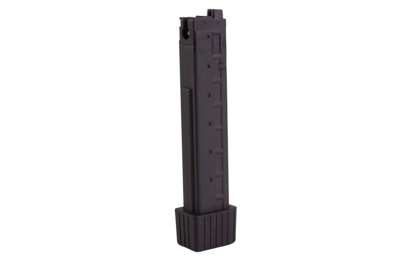 Schwarzes Airsoft-Magazin für Pistolen, hochformatig, isoliert vor weißem Hintergrund.