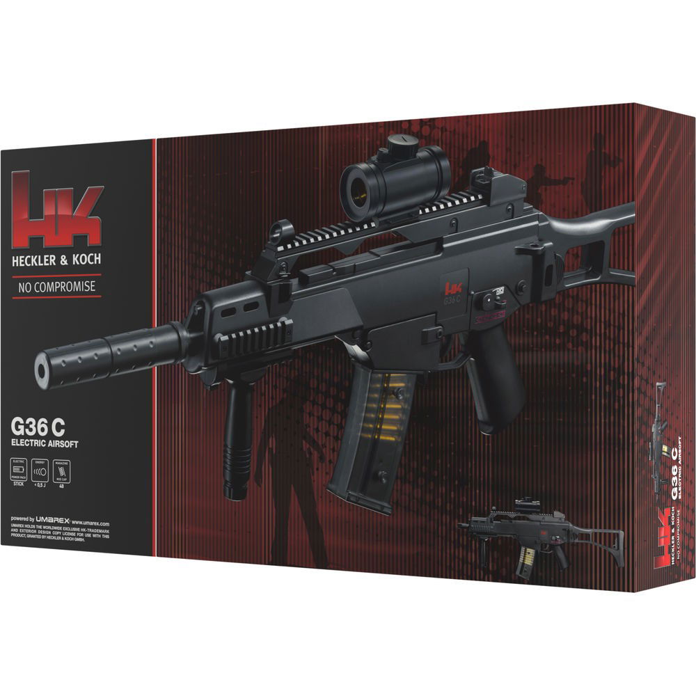 Verpackung der G36C Airsoft von Heckler & Koch, Abbildung des Gewehrs, rot-schwarzes Design.
