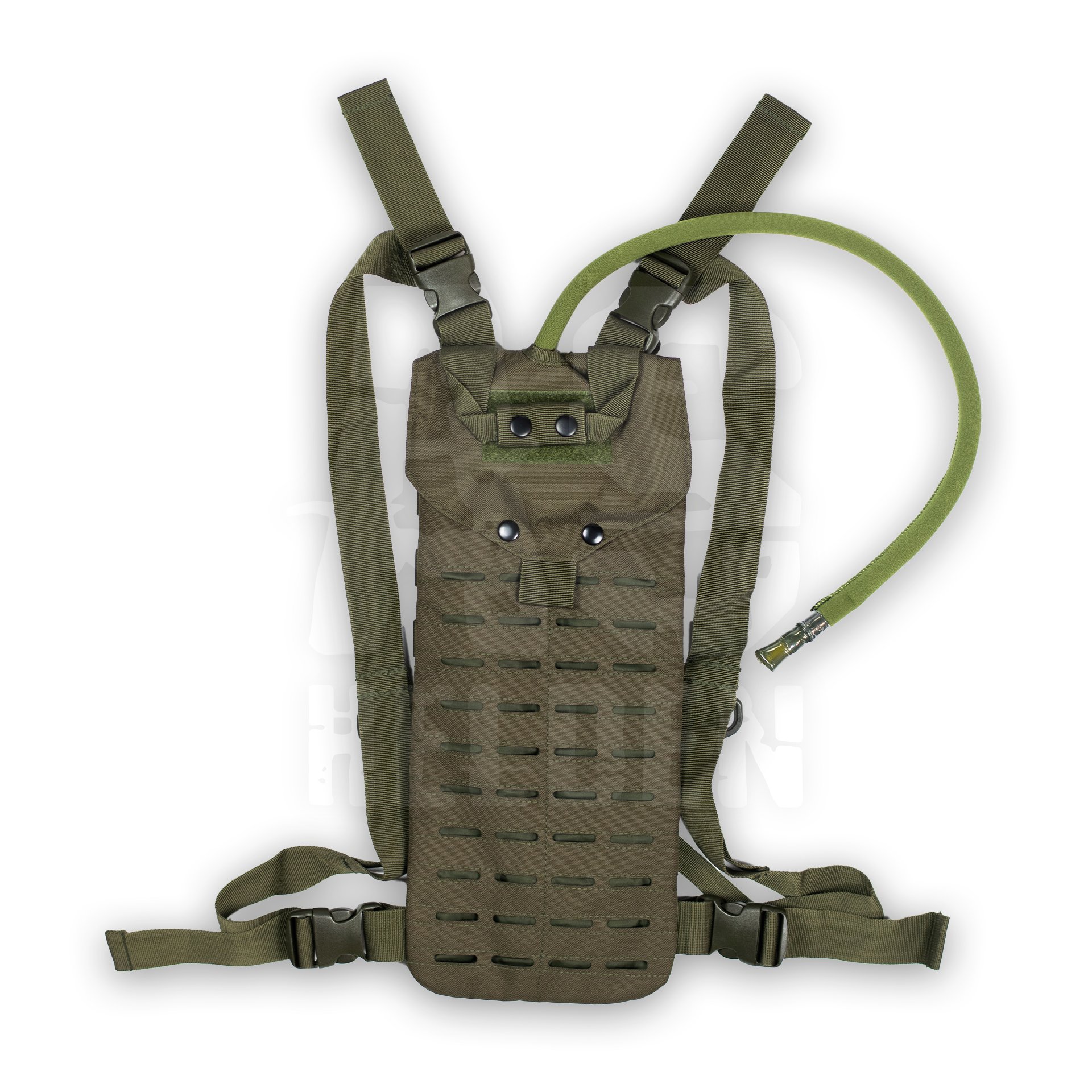 Olivegrünes Trinkrucksacksystem mit Schlaufe und MOLLE-Befestigungen. Ideal für Airsoft-Spiele.