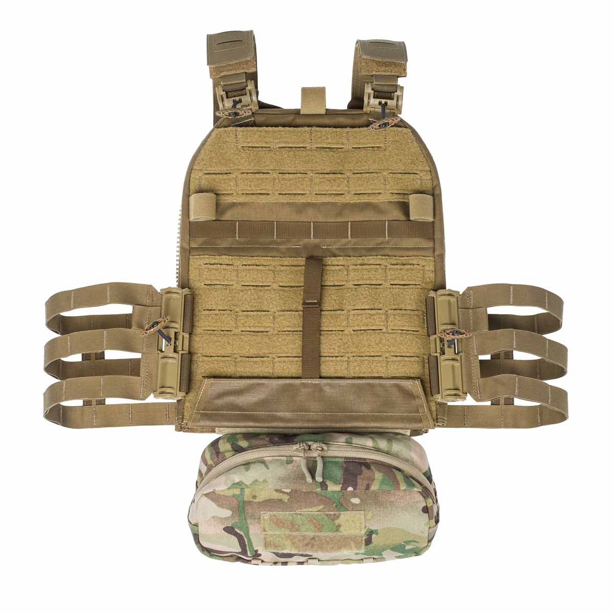 Taktische Weste mit MOLLE-System und Tarnmuster-Zubehörtasche für Airsoft.