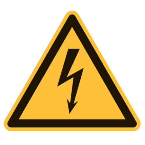 Warnschild für elektrische Hochspannung, gelbes Dreieck mit schwarzem Blitzsymbol.