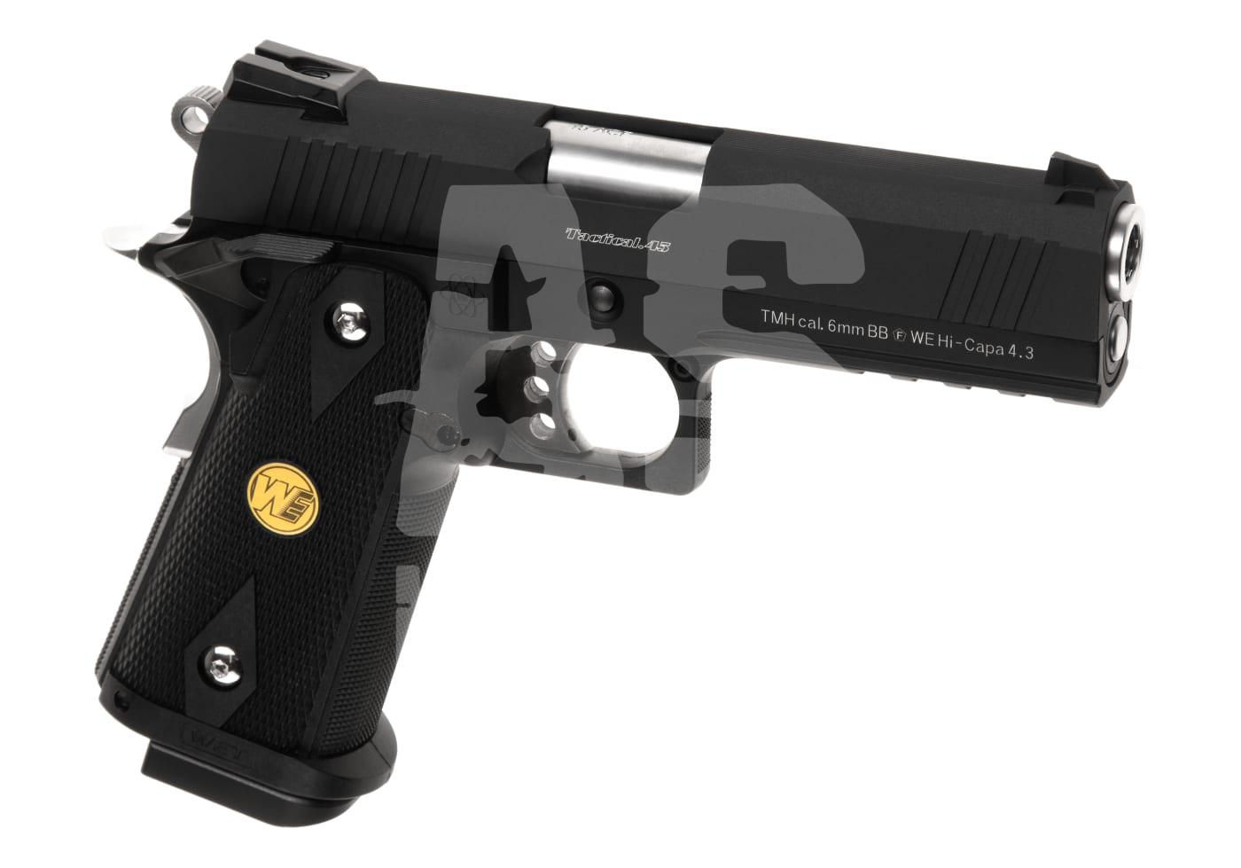Schwarze Airsoft-Pistole WE Hi-Capa 4.3, Kaliber 6mm BB, mit goldfarbenem WE-Logo am Griff.