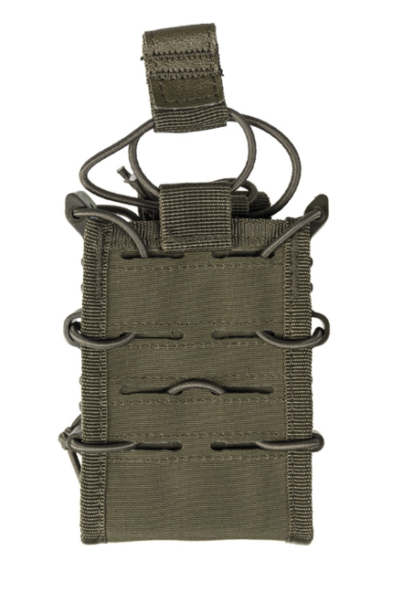 Taktische Magazintasche in Olivgrün mit verstellbaren Bändern und MOLLE-System zur Befestigung an Ausrüstung.