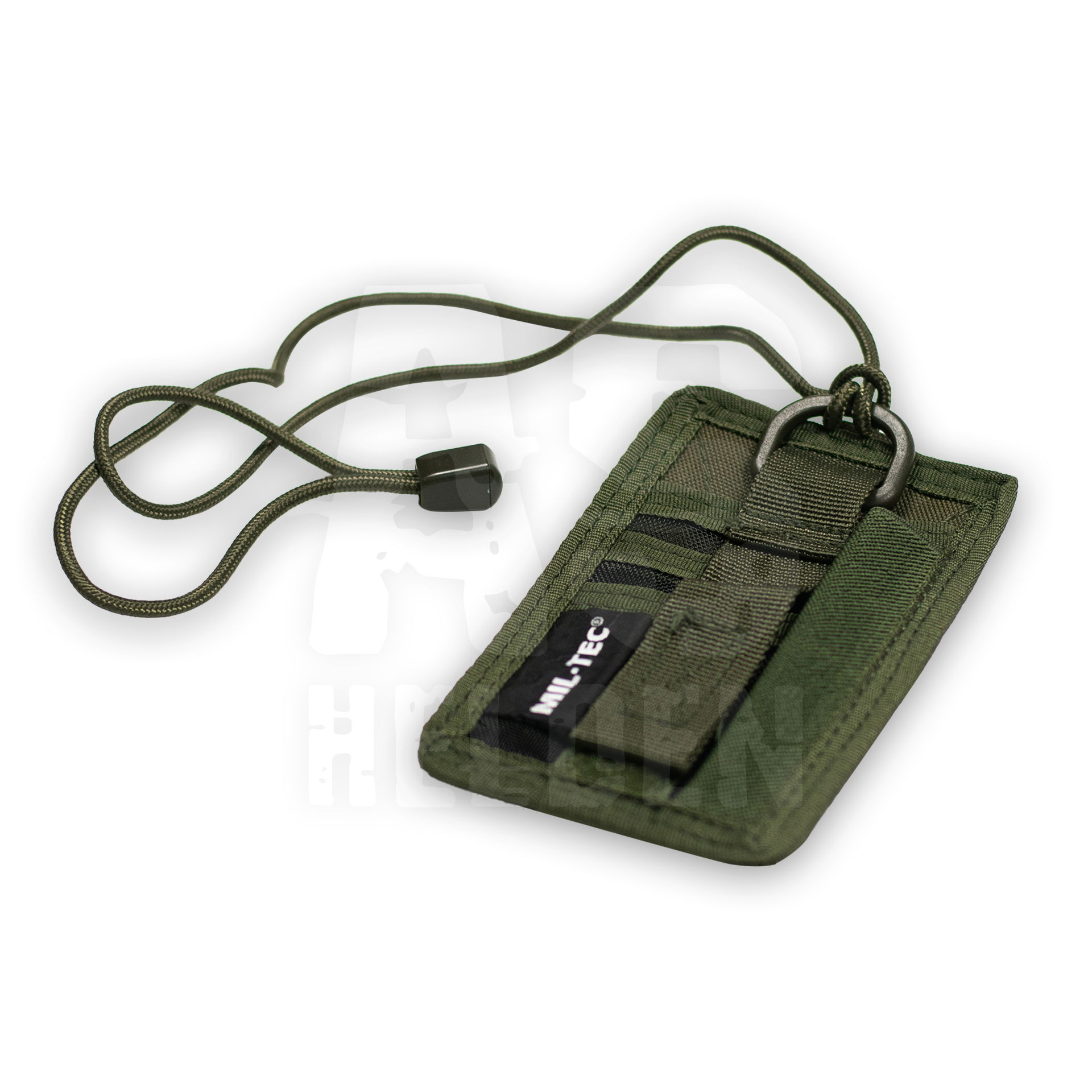 Olivegrüner Ausweishalter mit Halskordel und MIL-TEC-Logo, ideal für Airsoft-Events.