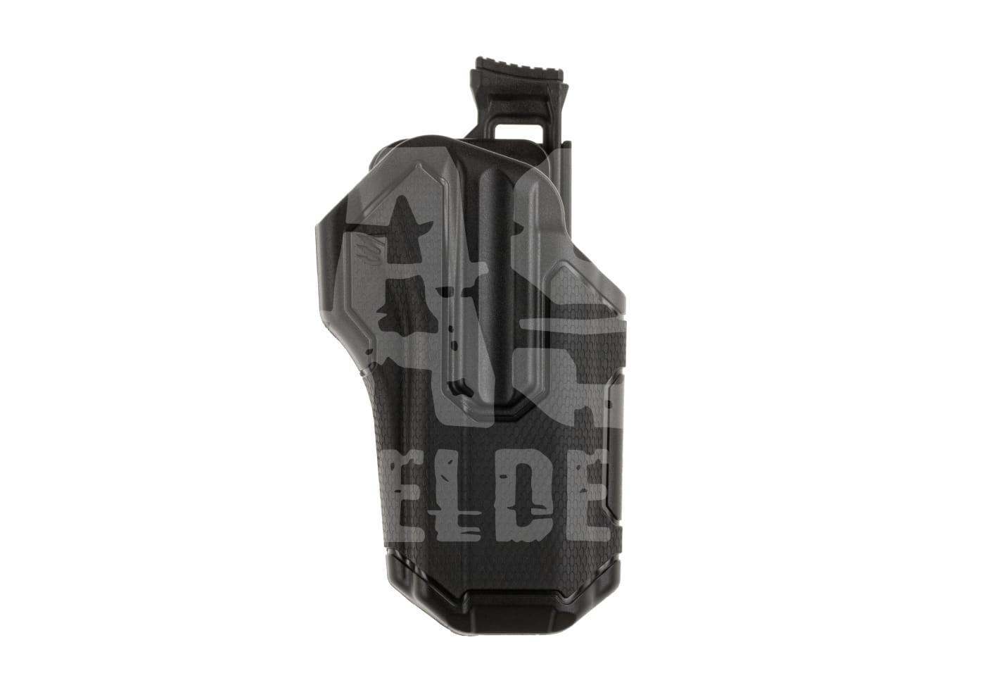 Schwarzes Airsoft-Holster für Pistolen, ergonomisches Design, geeignet für taktische Einsätze.