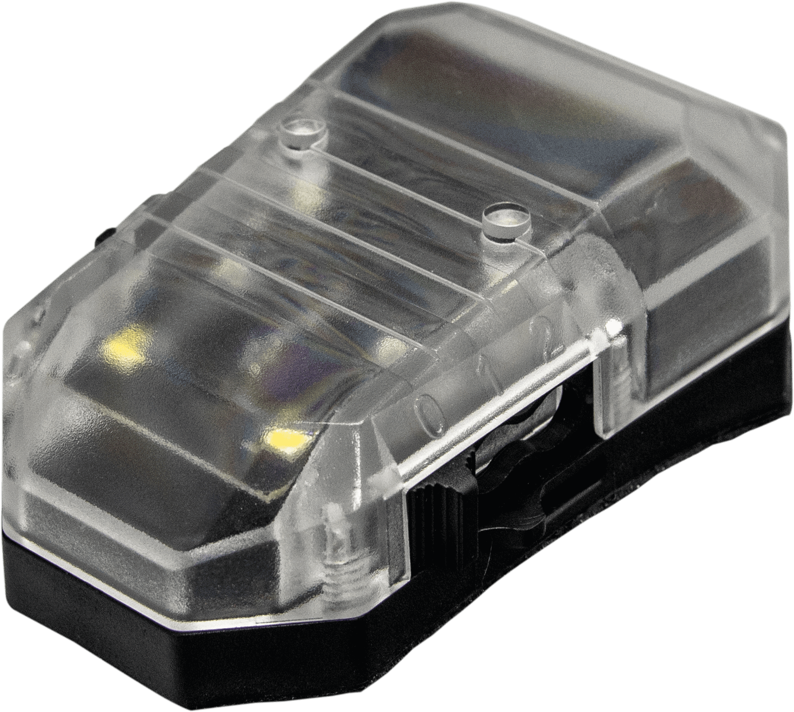 Kleines transparentes LED-Modul für Airsoft, mit schwarzem Sockel, geeignet zur Markierung oder Beleuchtung.