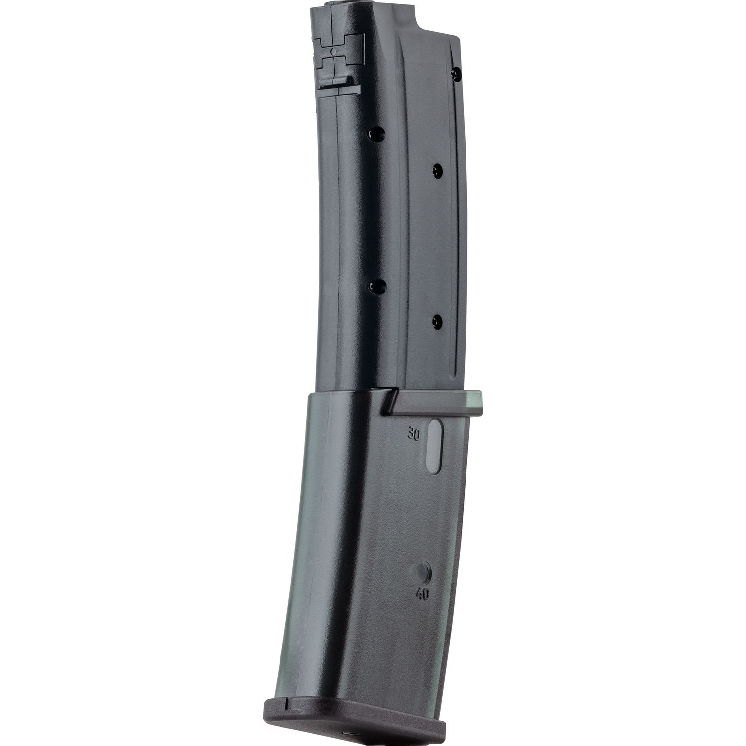 VFC HK MP7 A1 6mm AEG 120 Schuss Schwarzes Airsoft-Magazin im AR-Stil, Kapazität angezeigt, Seitenansicht.