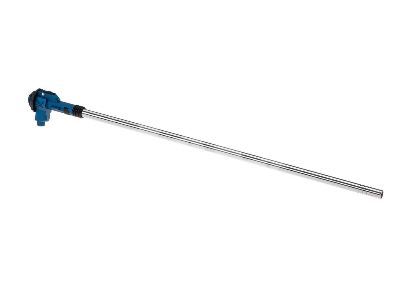 XFORCE 363mm 6.05mm R-Hop Barrel with XFORCE Hop-Up Blauer Airsoft-Hopup mit silbernem Präzisionslauf, seitlich dargestellt.