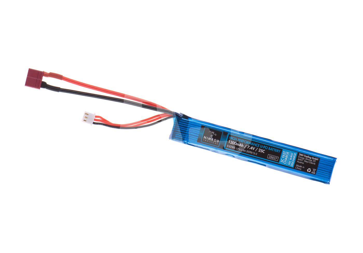 LiPo-Akku 1300mAh, 7.4V für Airsoft, blau mit roten und schwarzen Kabeln, zwei Anschlüsse.