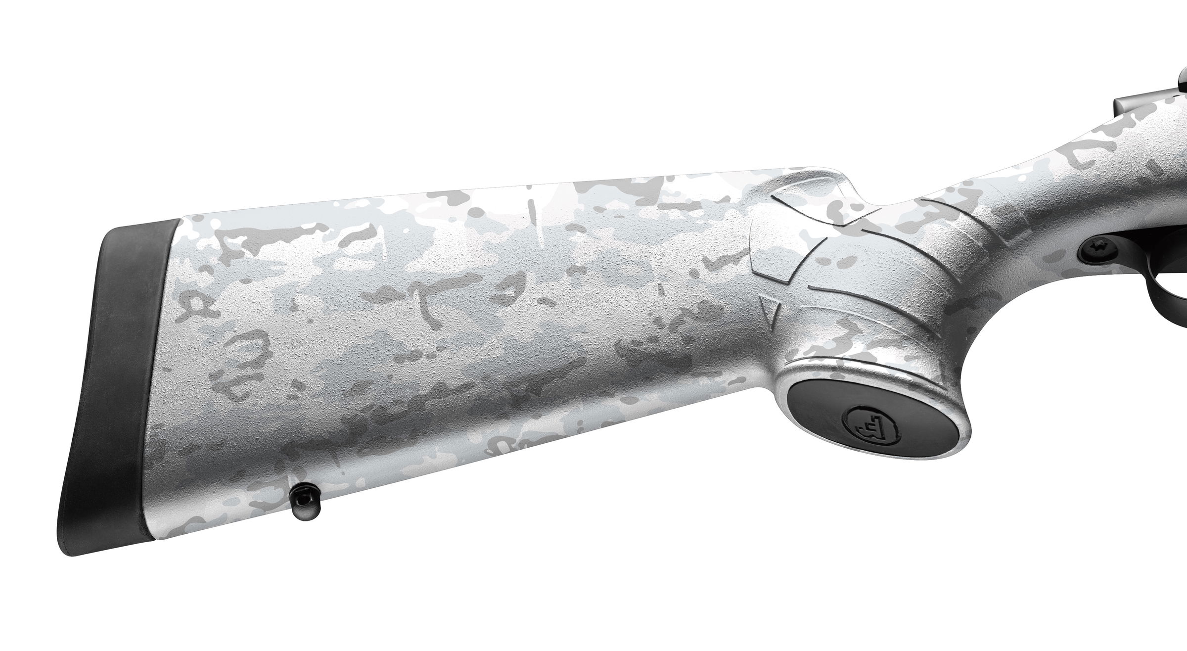 Tarnmuster Schaft einer Airsoft-Waffe in Grau- und Weißtönen, mit rutschfestem Rückenpolster.