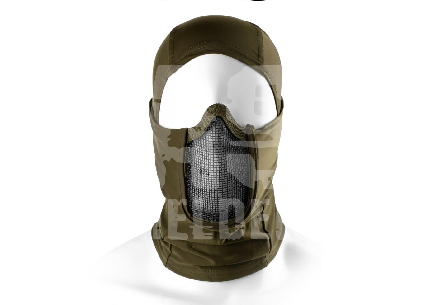Olivgrüne Airsoft-Balaclava mit Netzgesichtsschutz, ideal für taktische Spiele.