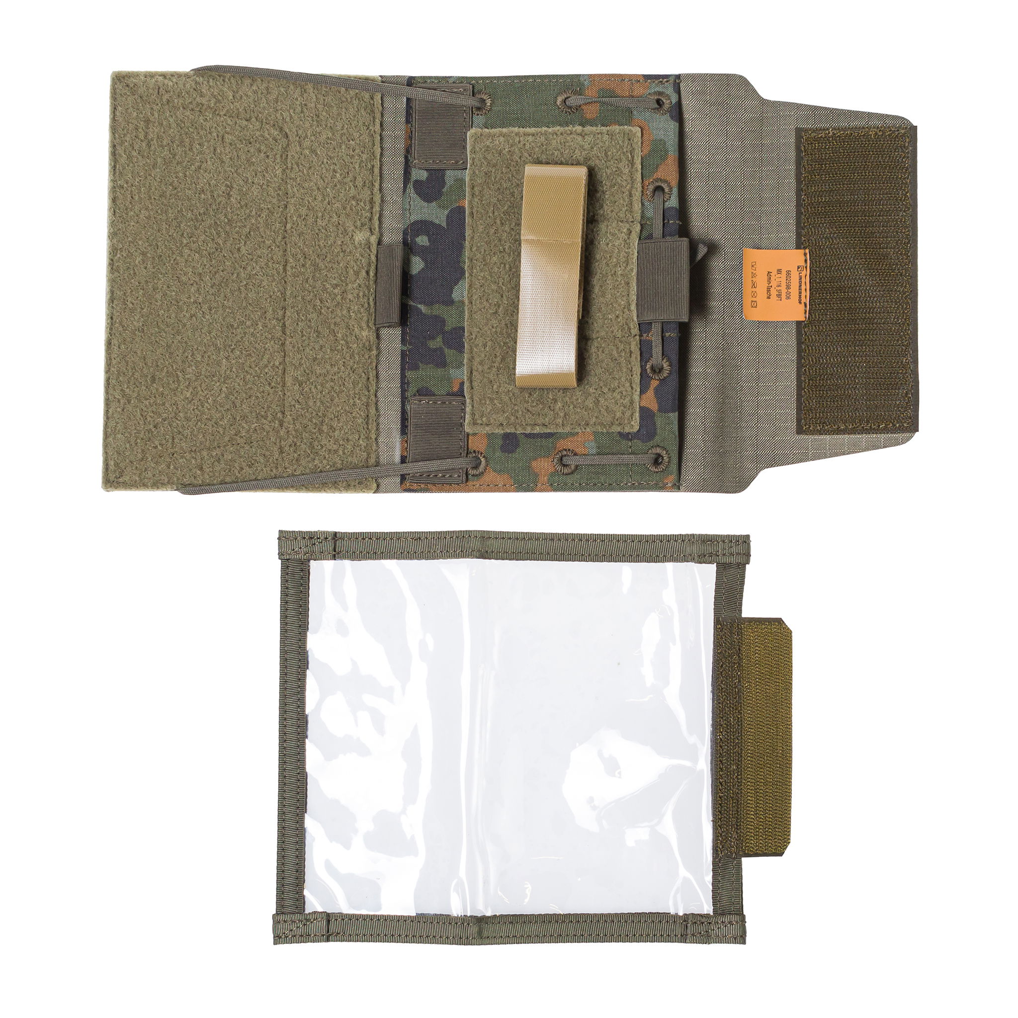 Lindnerhof Admin-Tasche MX116 Taktisches Klappetui mit Klettverschluss, Camo-Muster und transparentem Kartenfach für Airsoft-Zubehör.