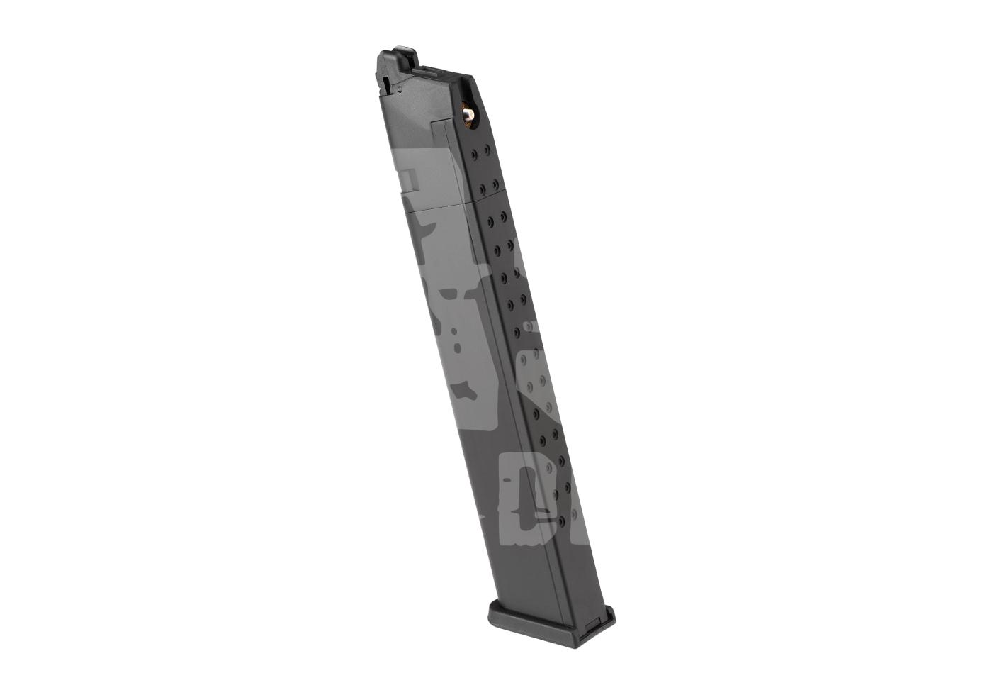 Schwarzes Airsoft-Ersatzmagazin für Pistole, schlankes Design, seitliche Patronenanzeige.