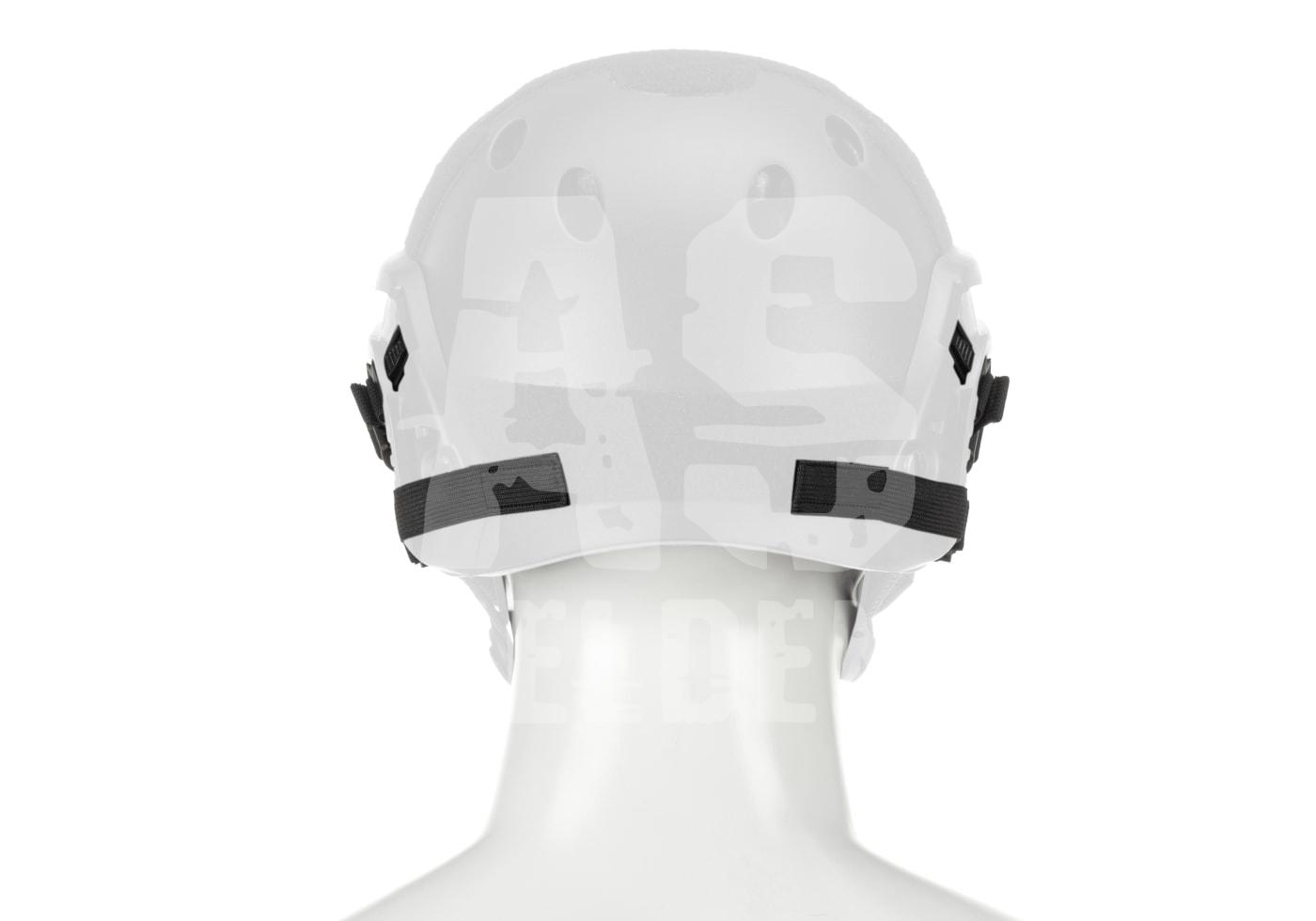Mk.II Steel Half Face Mask FAST Version Rückansicht eines weißen Airsoft-Helms auf einem Mannequin, mit schwarzen Befestigungsriemen.