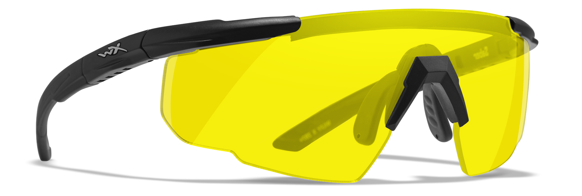 SABER ADV Pale Yellow Matte Black Frame Gelbe Schutzbrille mit schwarzem Gestell und halbrundem Design.