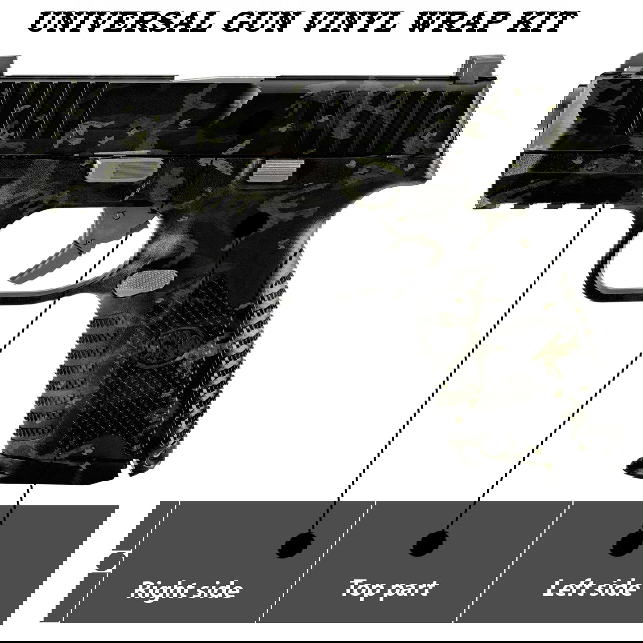 Pistole mit Vinyl-Wrap in Tarnoptik, markiert für "Right side", "Top part" und "Left side".