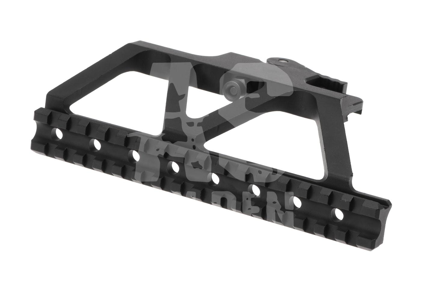 Seitliche Montageschiene für AK, schwarz, mit Picatinny-Weaver-Profil zur Befestigung von Zubehör.