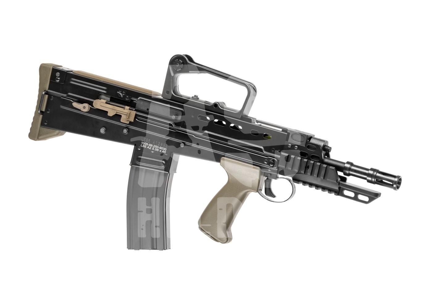 Airsoft-Nachbildung eines Gewehrs mit Tragegriff, Magazin und taktischem Design in Schwarz und Khaki.