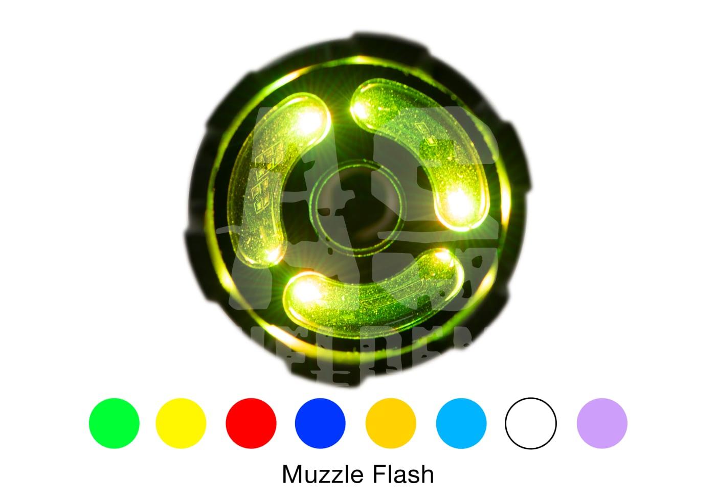Grüner Mündungsblitz-Effekt mit Farboptionen: Gelb, Rot, Blau, Schwarz, Lila.