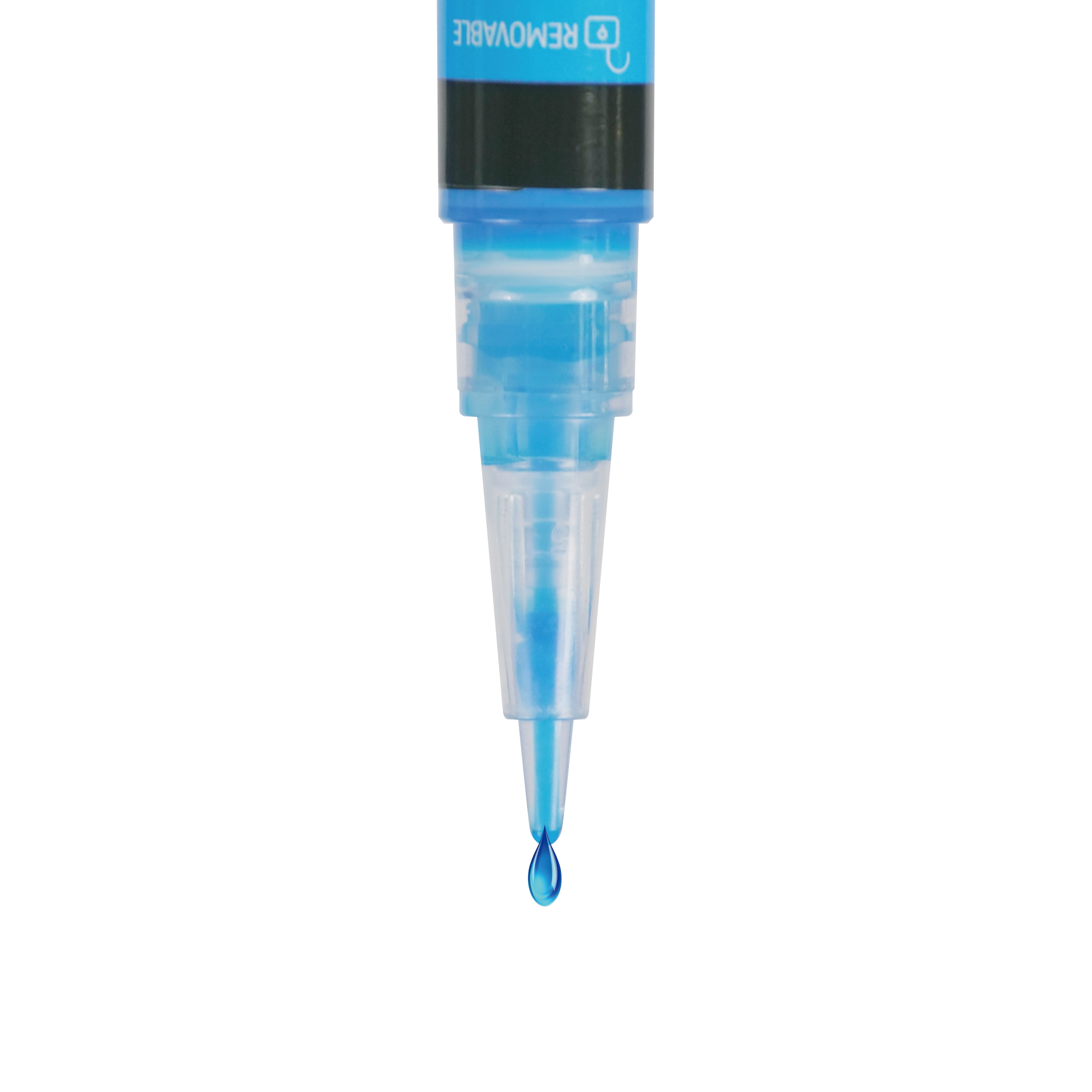 Nahaufnahme eines blauen Stiftaufsatzes mit einer tropfenden Tinte aus der Spitze.