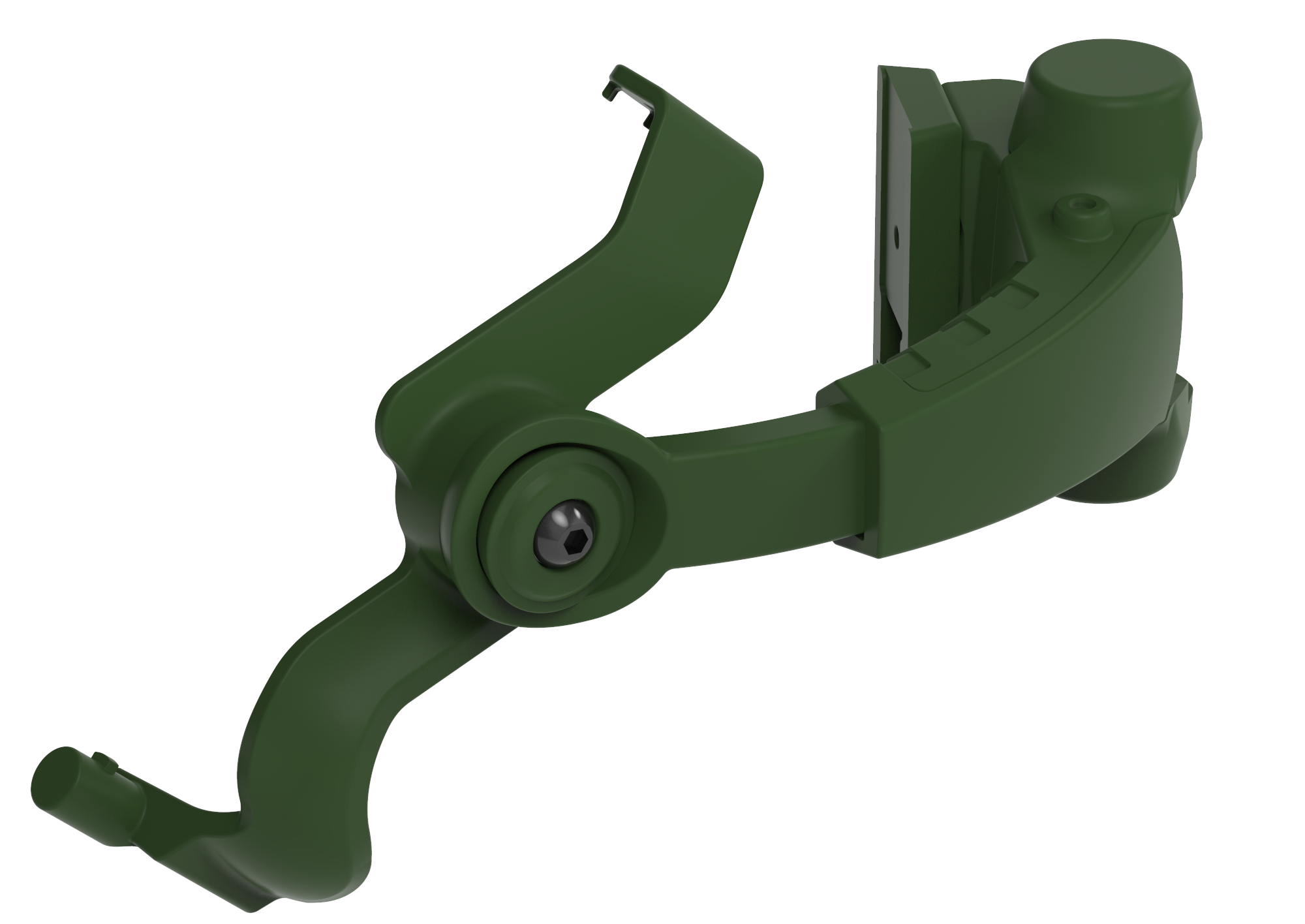 Grünes Airsoft Helm-Montagesystem für Zubehör mit klappbarem Arm und Schraubenbefestigung.