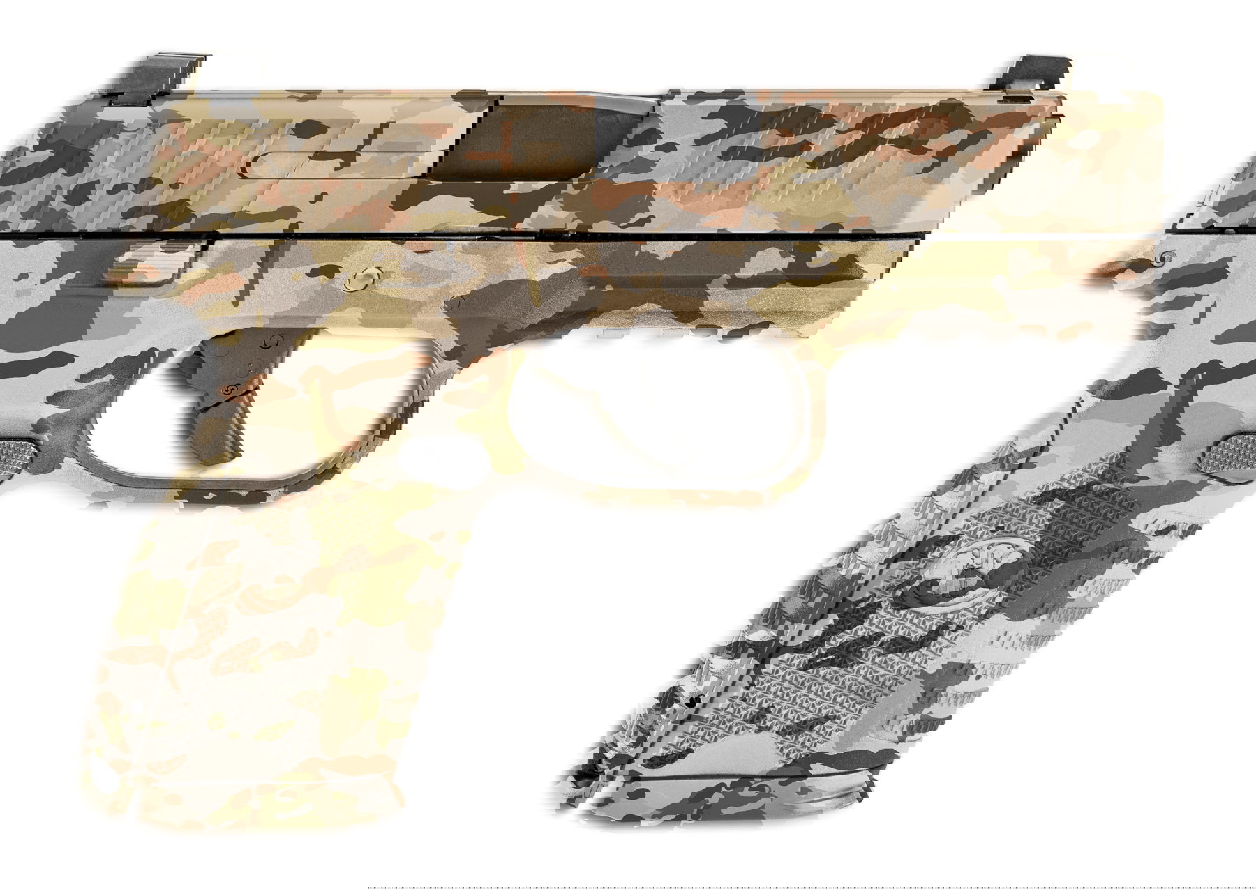 Tarnmuster-Pistole, kompakt, mit strukturiertem Griff und Abzugsschutz, ideal für Airsoft-Spiele.