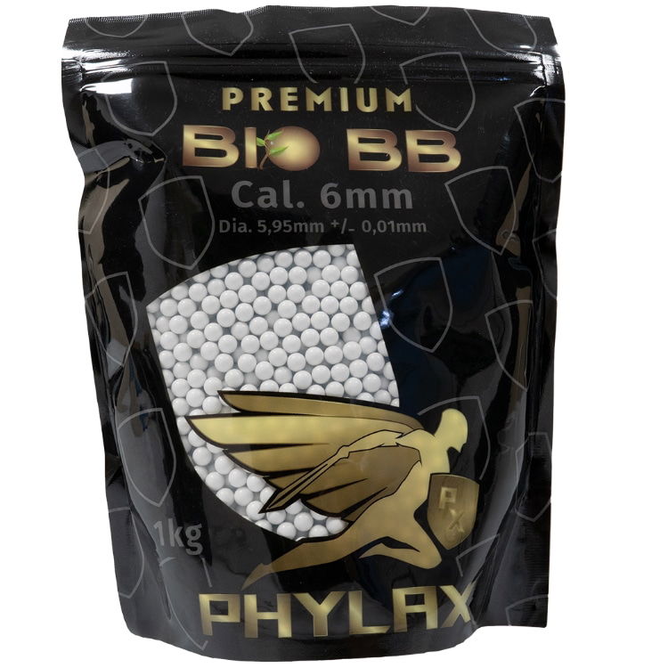 Schwarze Verpackung mit weißen BB-Kugeln (6mm). Text: "Premium Bio BB", "Cal. 6mm", "PHYLAX".