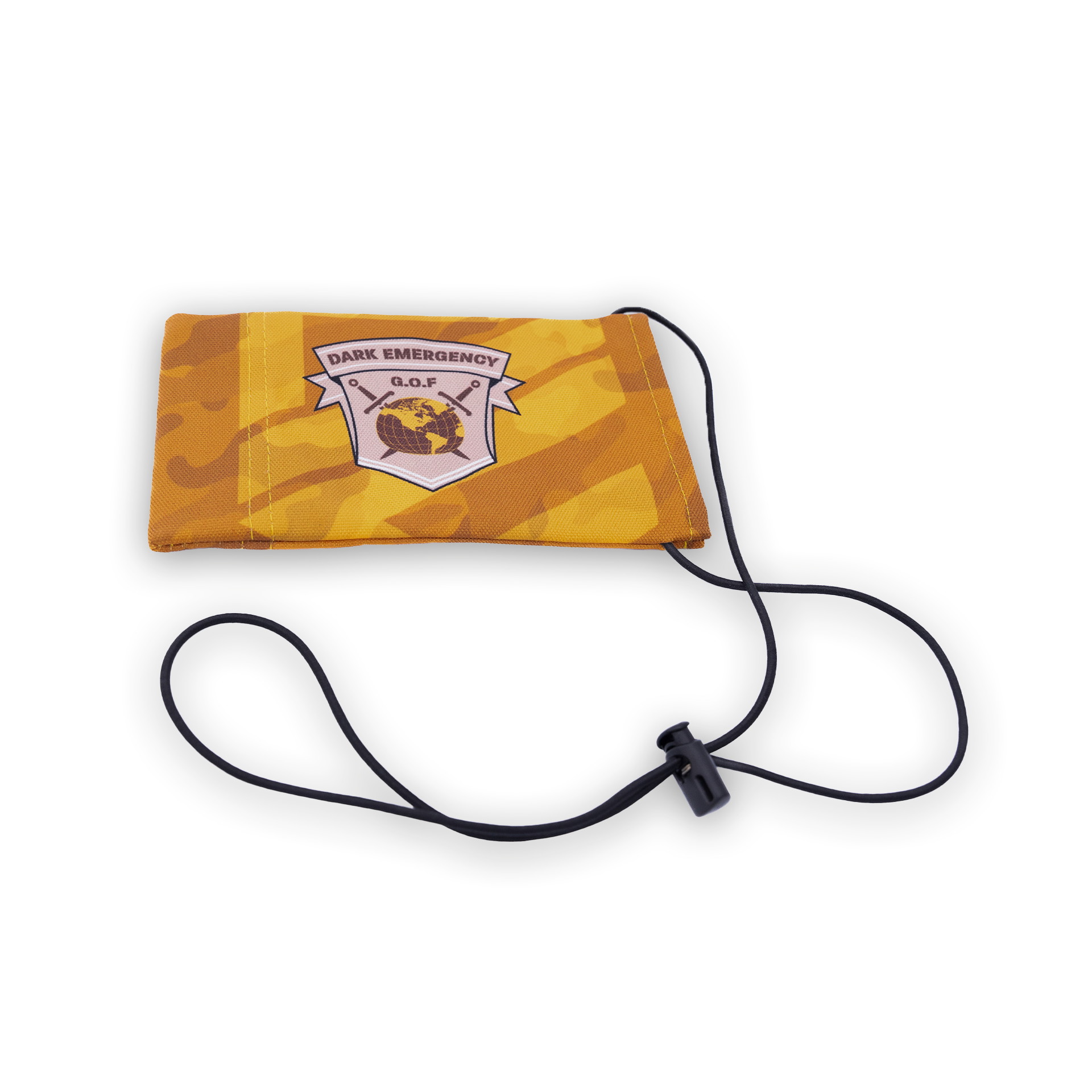Gelbes Camo-Flaggenarmband mit "Dark Emergency Q.O.F" Logo und schwarzer Kordel für Airsoft-Events.