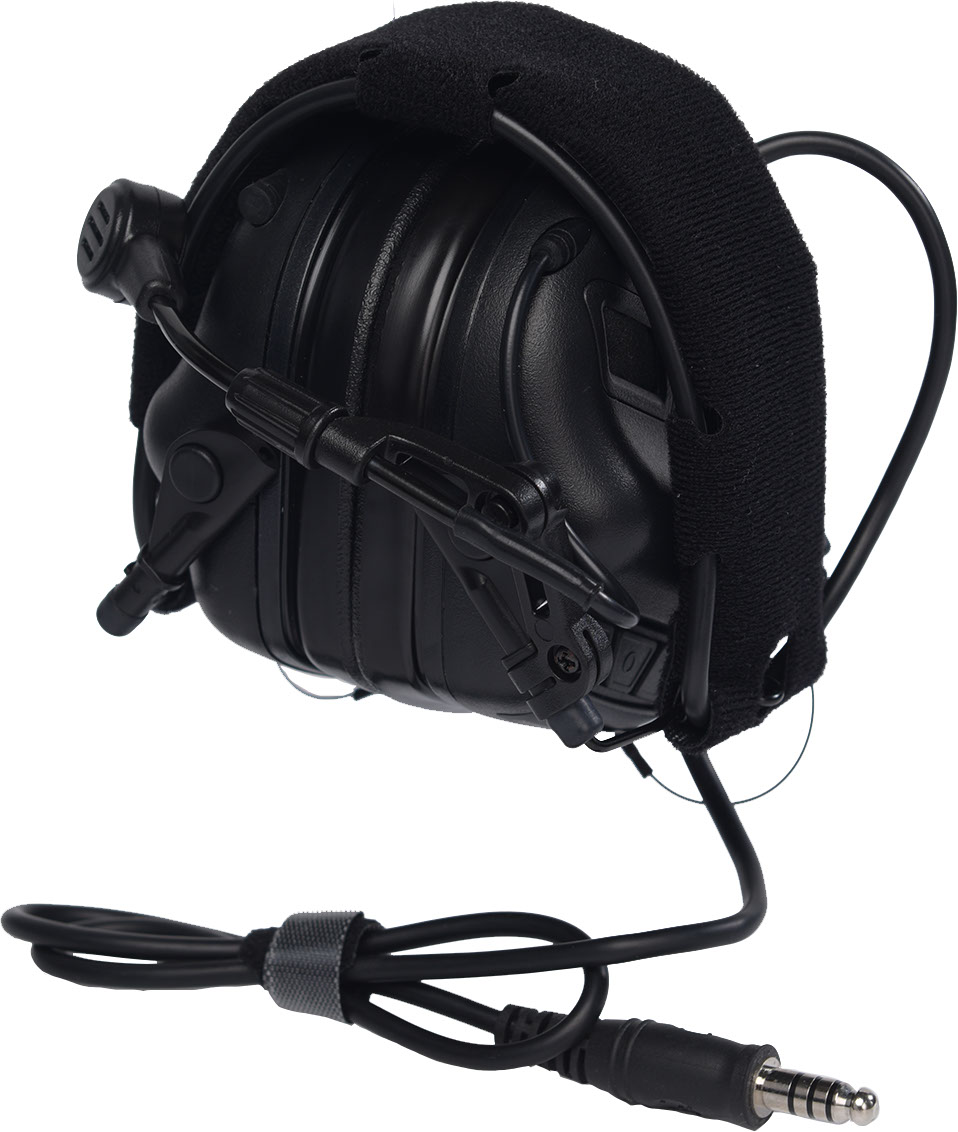 Taktisches Headset mit Mikrofon, schwarzes Design, gepolstert, mit Audiokabel und Stecker. Ideal für Airsoft-Kommunikation.
