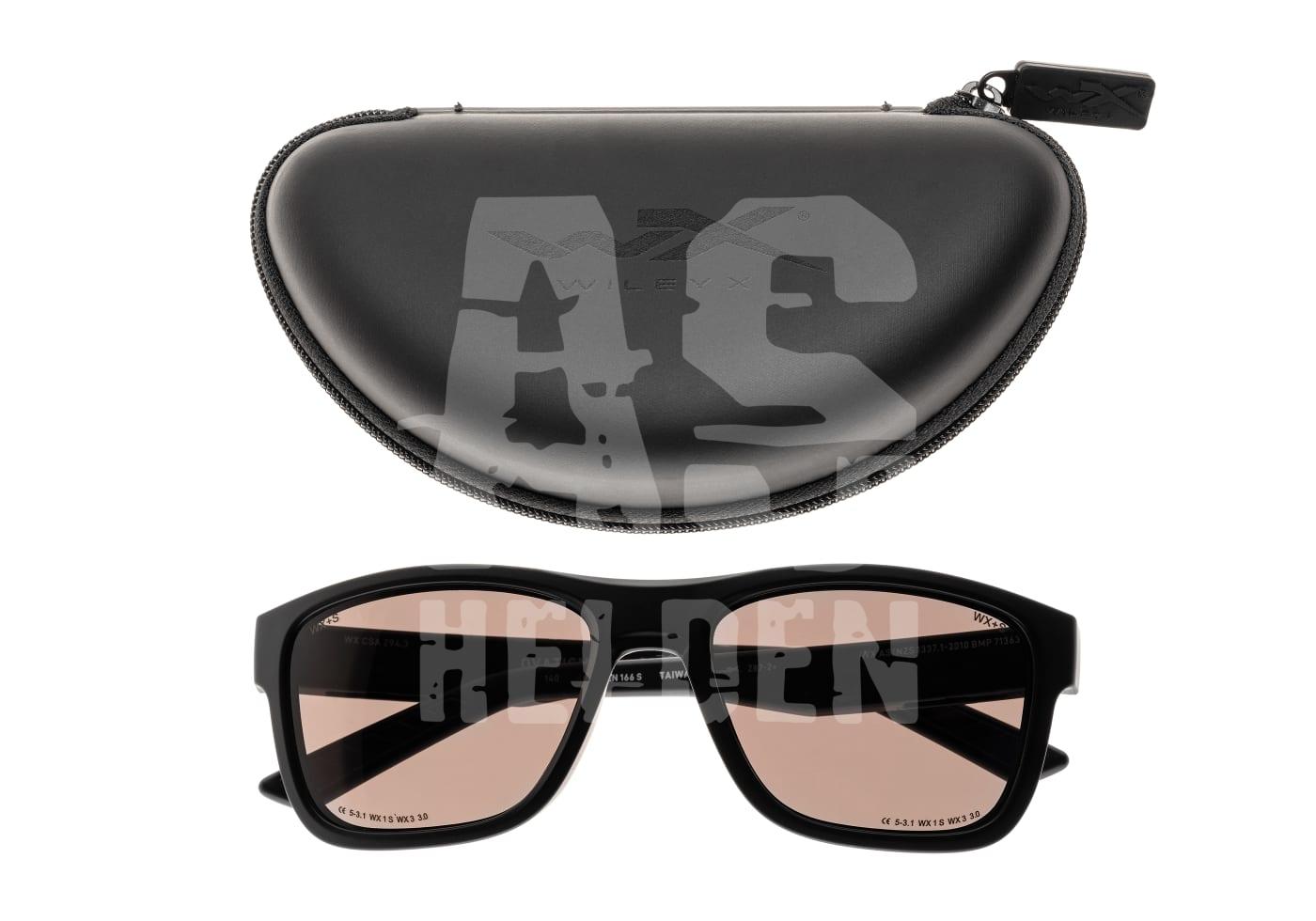 Schwarze Schutzbrille mit braunen Gläsern und Etui. Ideal für Airsoft-Spiele.