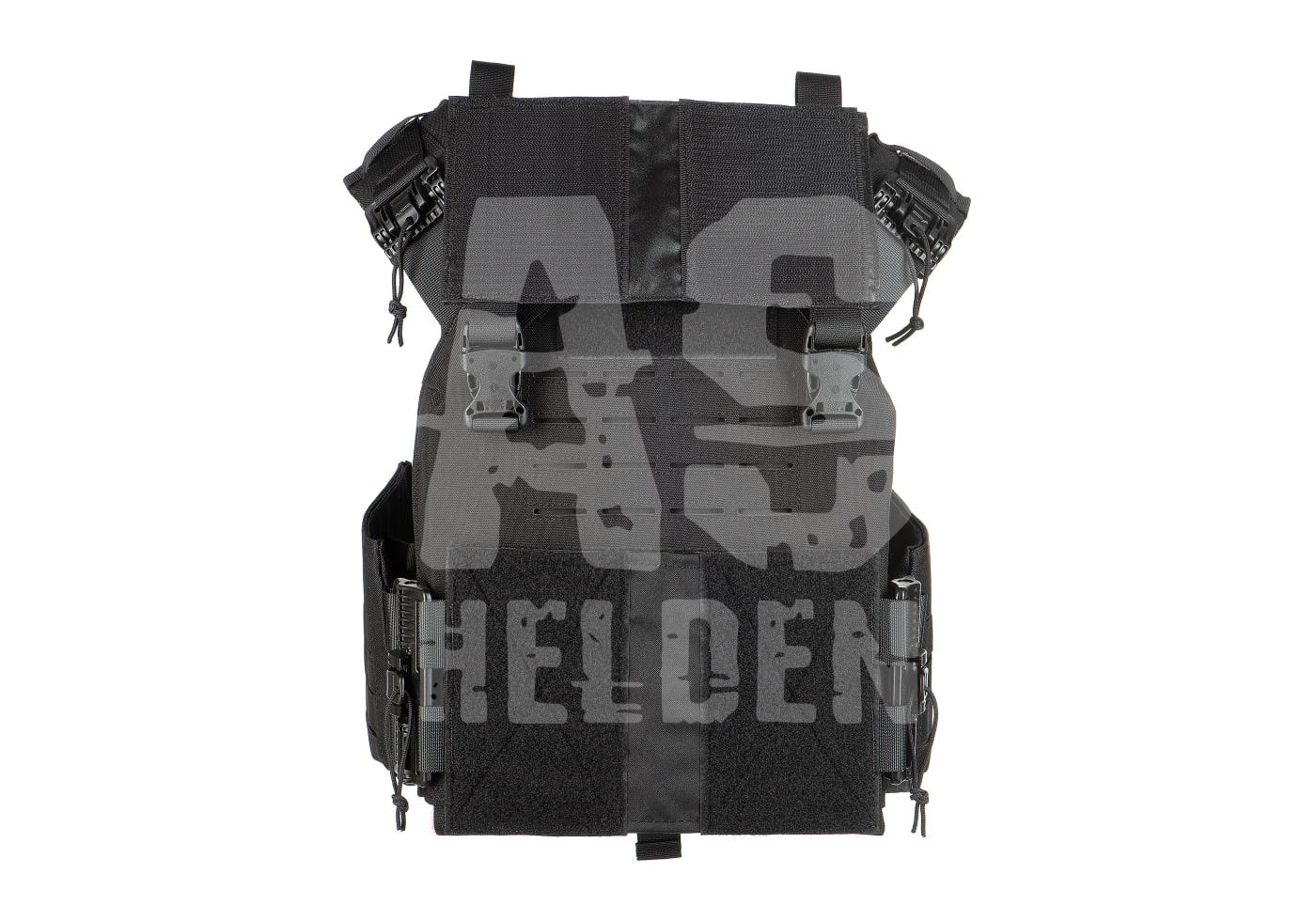 Schwarzer Airsoft-Taktik-Plate-Carrier mit Schnallen und Molle-System.