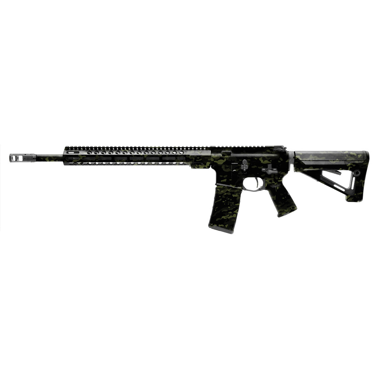 Airsoft-Gewehr mit Langlauf und Tarnmuster, seitliche Ansicht.