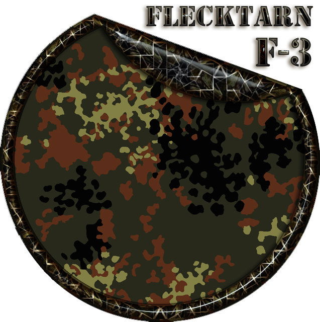 Flecktarn-Tarnmuster in Grüntönen, rundes Design mit "Flecktarn F-3" Text.
