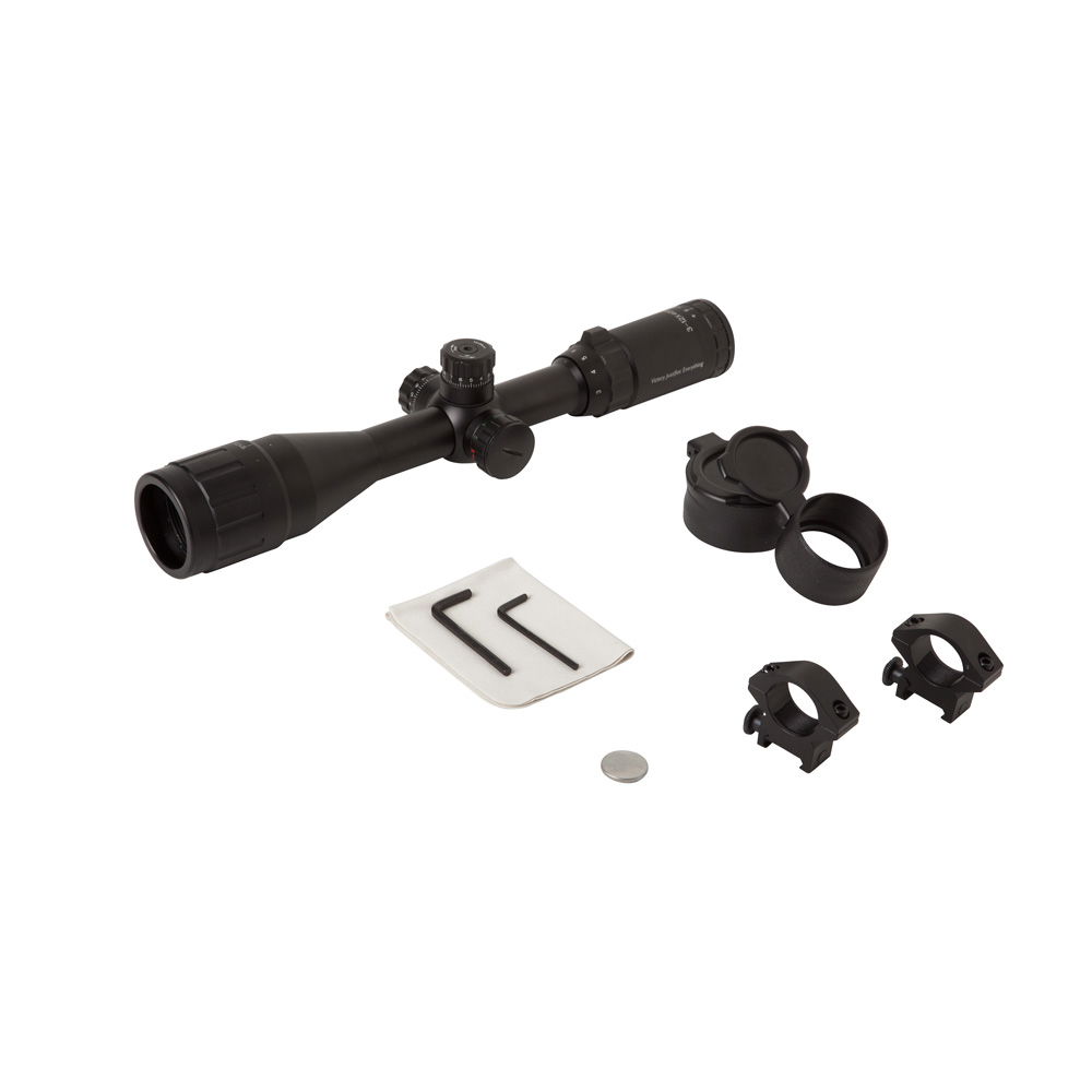 Zielfernrohr-Set mit Montageringen, Abdeckungen, Inbussschlüsseln und Reinigungstuch für Airsoft.