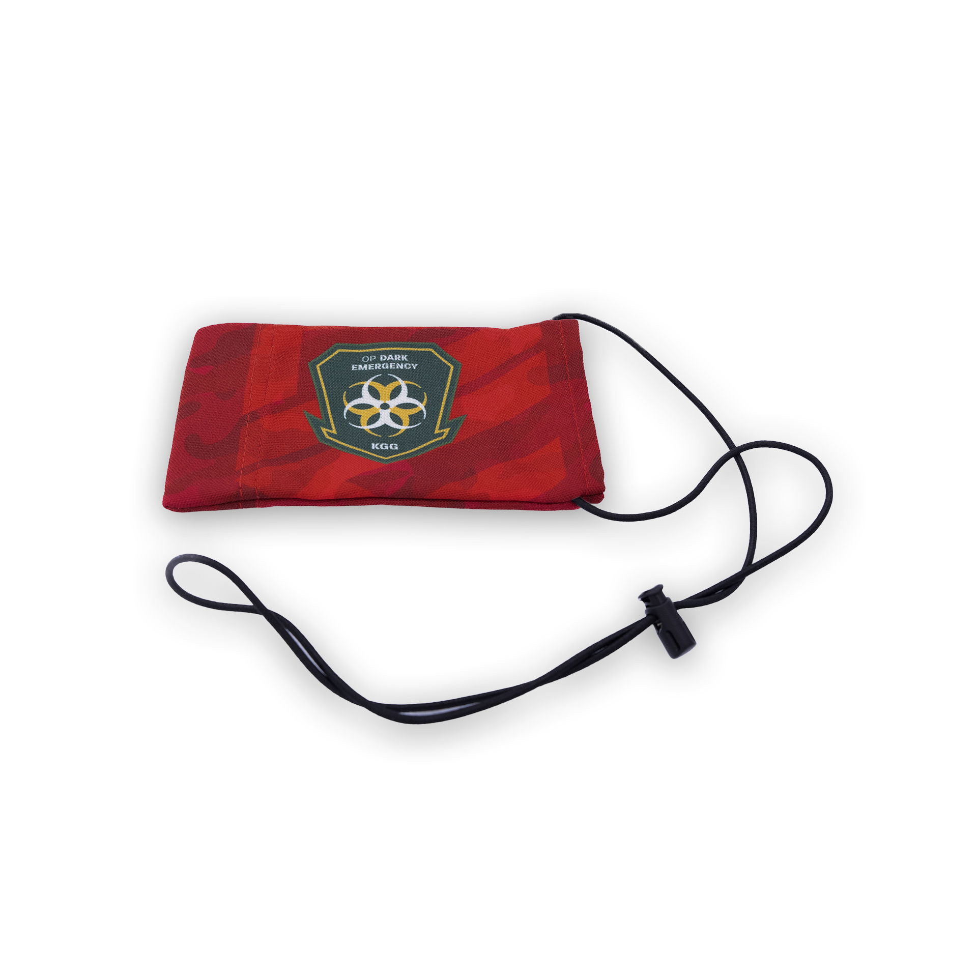 Rotes Airsoft-Patch "OP Dark Emergency KGG" mit Kordel zur Befestigung.
