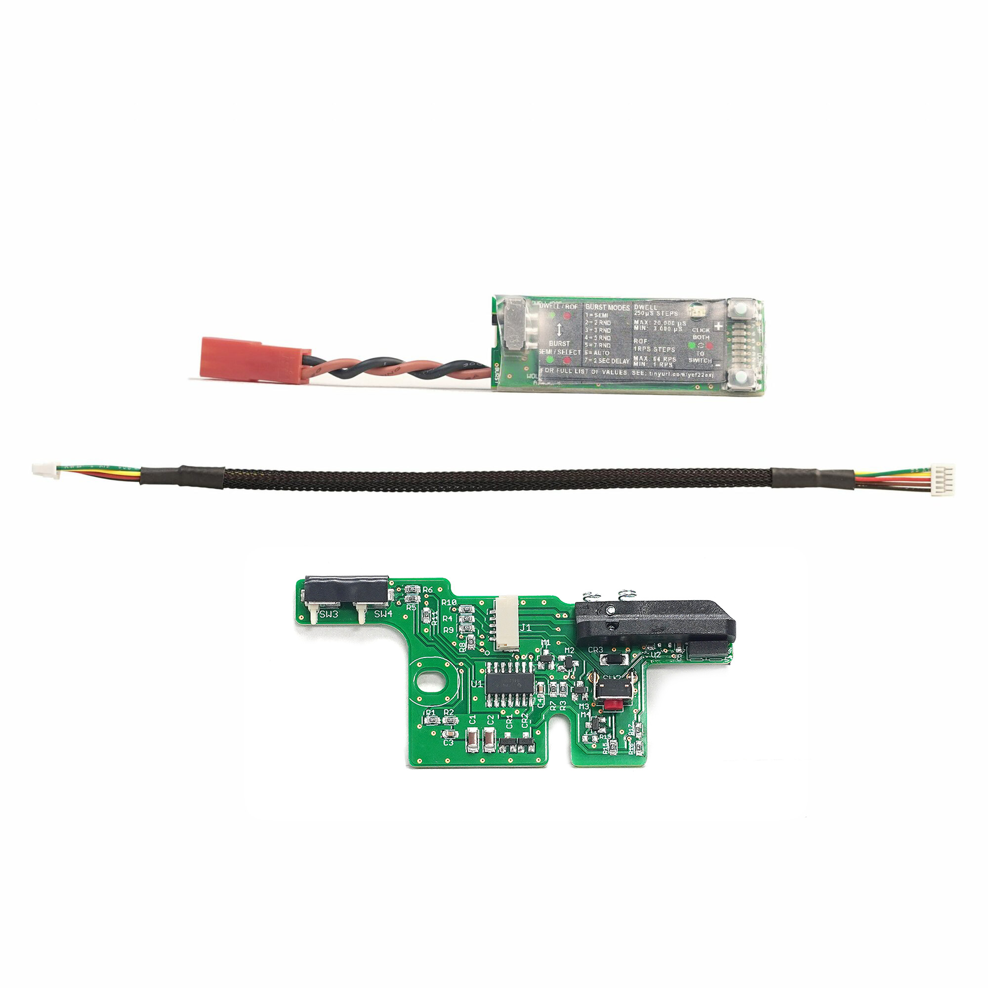 Airsoft MOSFET-Schaltkreis mit Verkabelung und Steckverbindung für elektrische Komponenten.