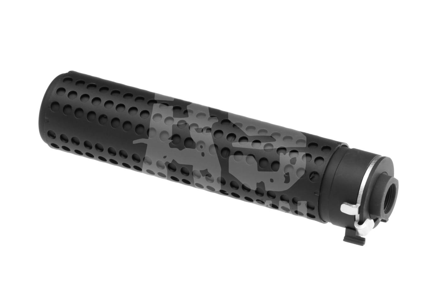 KAC QD 168mm Silencer CCW Schwarzer Airsoft-Silencer mit Lochmuster und silbernem Befestigungsmechanismus, seitliche Ansicht.