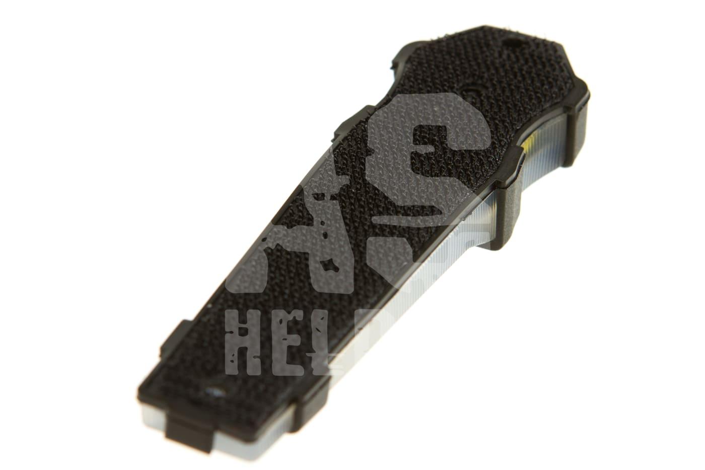 Schwarz-grauer Airsoft-Magazinadapter mit texturierter Oberfläche, seitliche Ansicht.