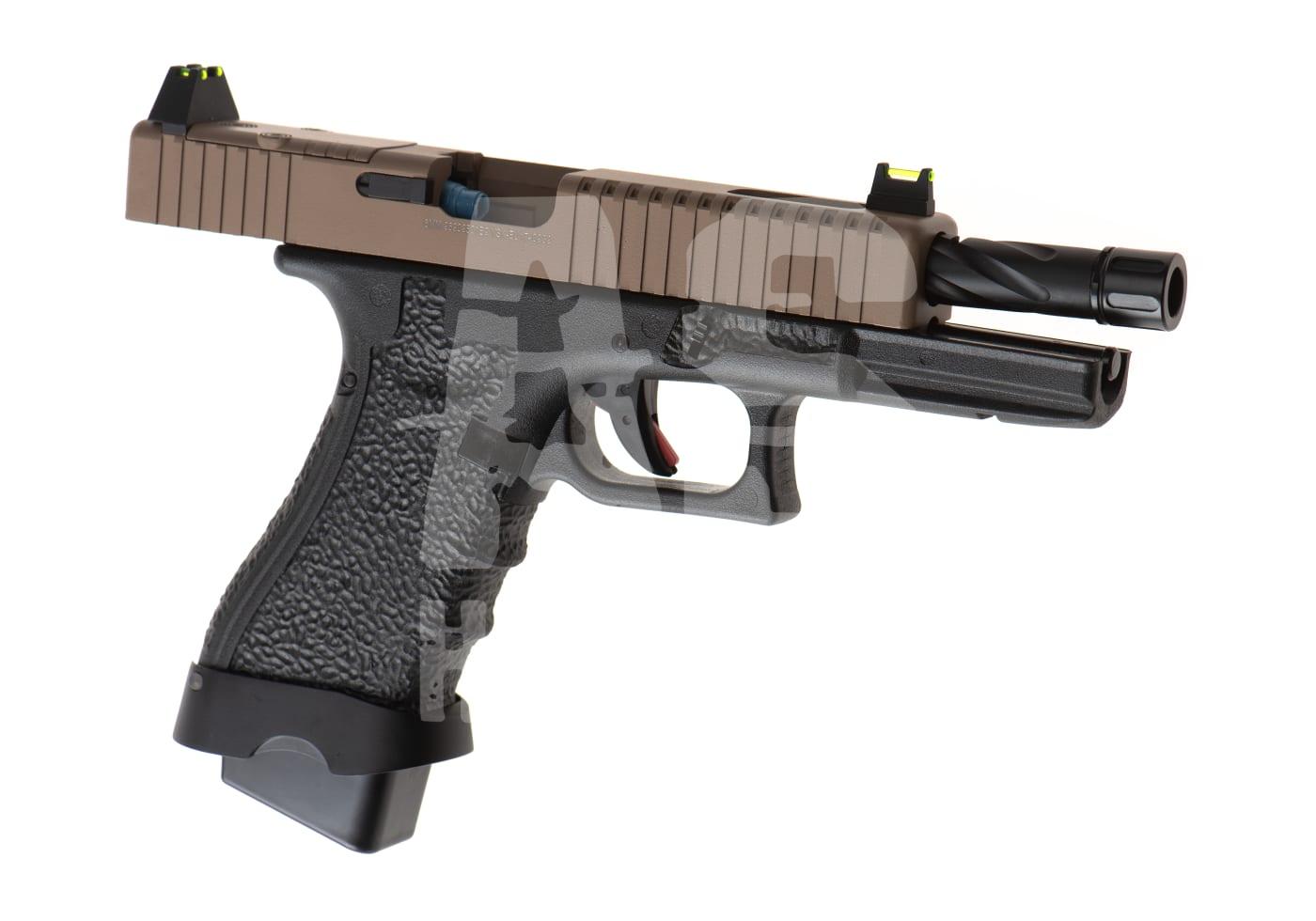Vorsk EU17 GBB - ab 18 Jahren Airsoft-Pistole mit zweifarbigem Schlitten, taktischem Griff und offener Mündung.