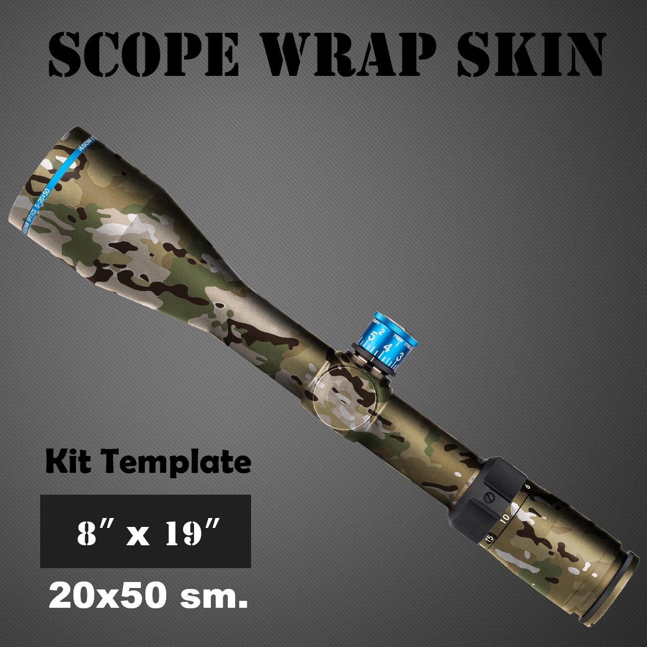 Tarnoptikverpackung für Zielfernrohr, Vorlage 20x50 cm, Camouflage-Muster auf grauem Hintergrund.