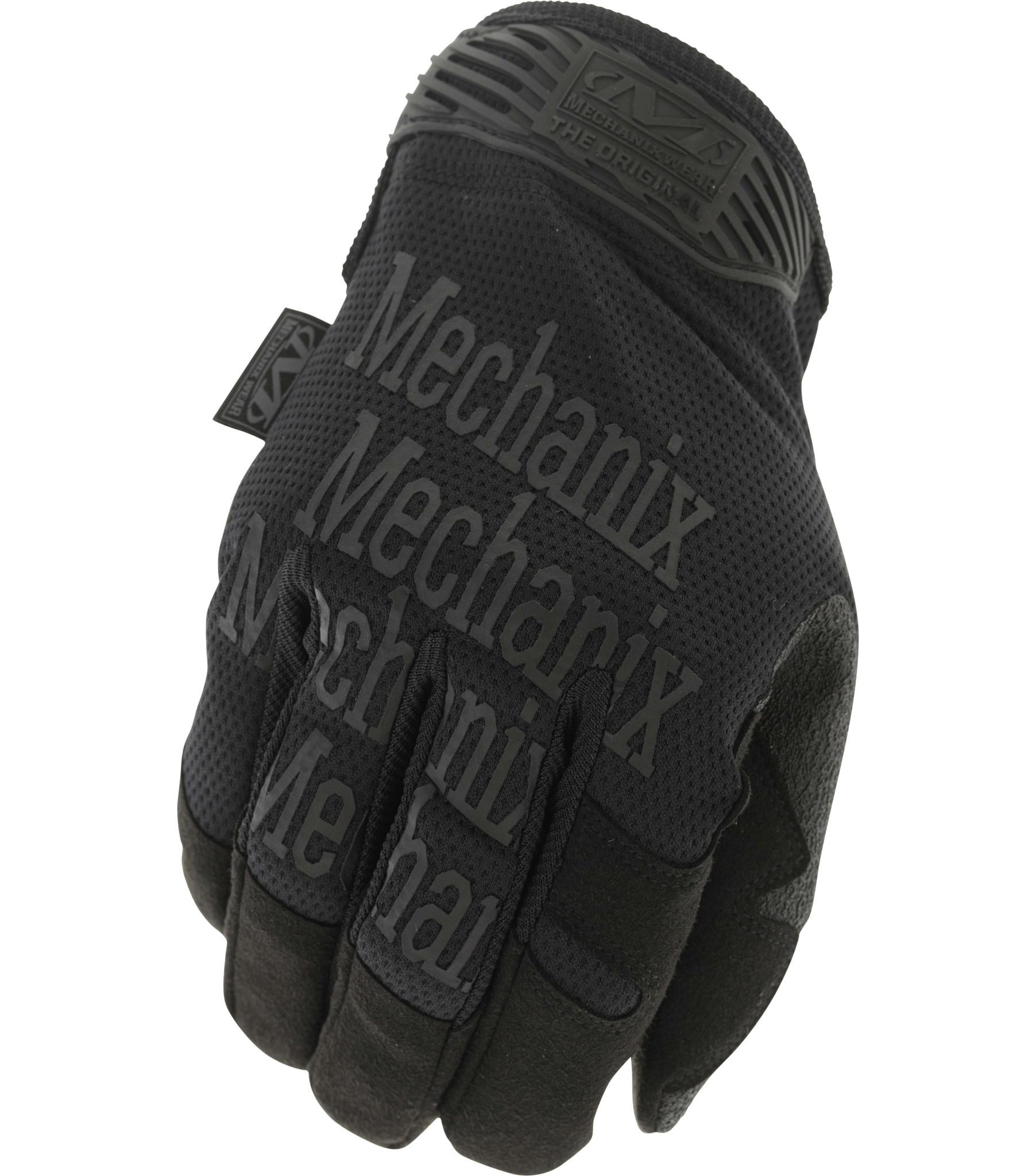 Schwarzer Mechanix-Handschuh, robustes Design für Airsoft, mit verstärktem Handrücken und Aufdruck.